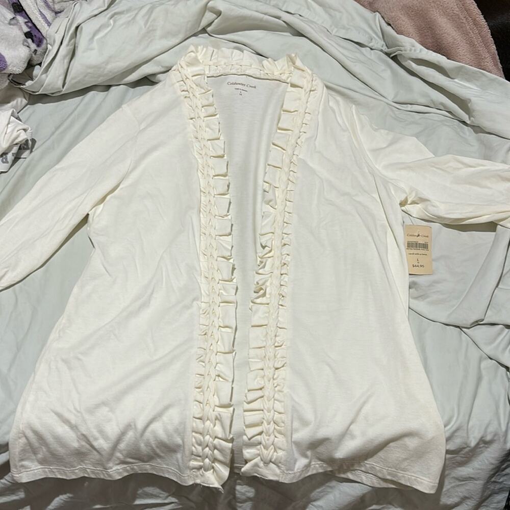 Coldwater Creek L large cream open front ruffled neckline nwt cotton modal